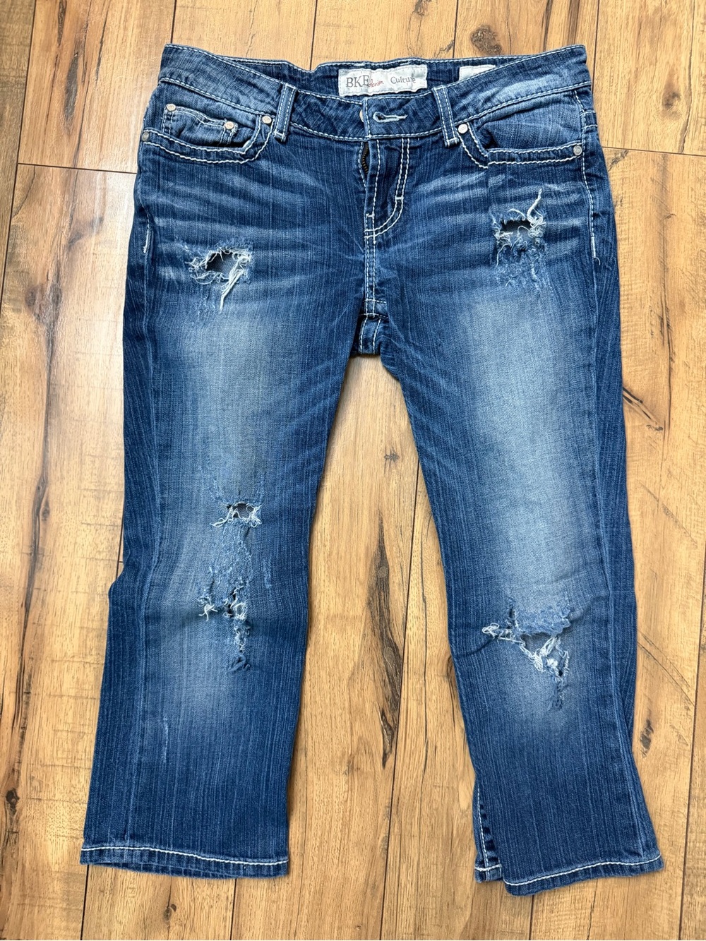 BKE Women’s Distressed Boyfriend Jeans - Dark Blue